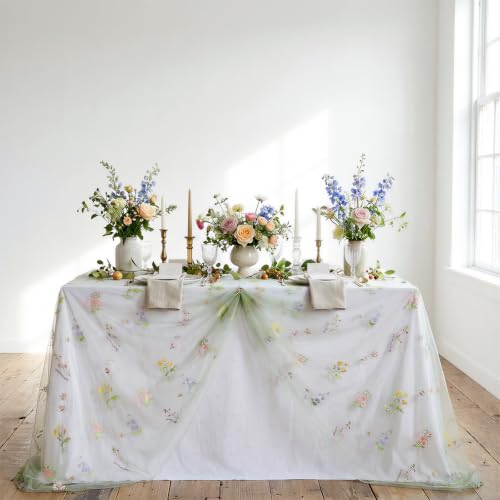 Floral Wildflower Tablecloth 60x120 Inches Sheer Sage Green Tulle Fabric - color: Sage Green, size: 60"x120", 1 Pc