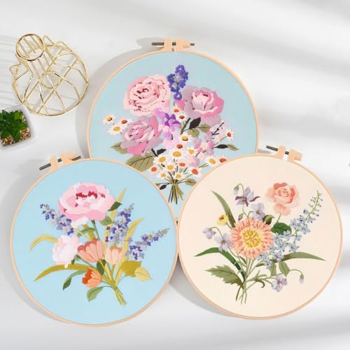 Huacan Embroidery Kits Flower for Adults Beginner 3 Pcs DIY Cross Stitch Stamped Flowers Pattern Stitching Sewing Kit 7.9 x 7.9 Inch - color: Floral 3
