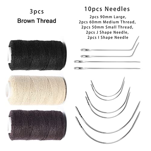 Ryalan Weaving Needle Combo Deal 3 Thread with Needle for Making Wig Sewing Hair Weft Hair Weave Big Medium and Small C Shape Curved Needle with J I Needle (10 Needle, 3 Thread Black, Brown, Blonde) - color: Black Brown Blonde