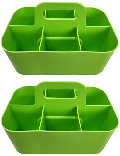 2 Pack Small 6 Compartment Multiuse Caddy Organizer with Handle Art Craft Supplies, Office, Desk, Stationery Pen Holder Stackable- Made In USA (Green) - color: Green