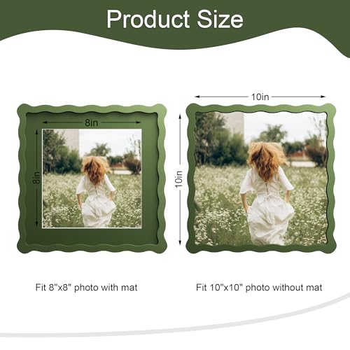 10x10 Picture Frame with Mat for 8x8, Wavy Edge Wooden Real Glass Photo Frame for Tabletop and Wall Hanging, Green, 1 Pack - color: Green, size: 10x10 in