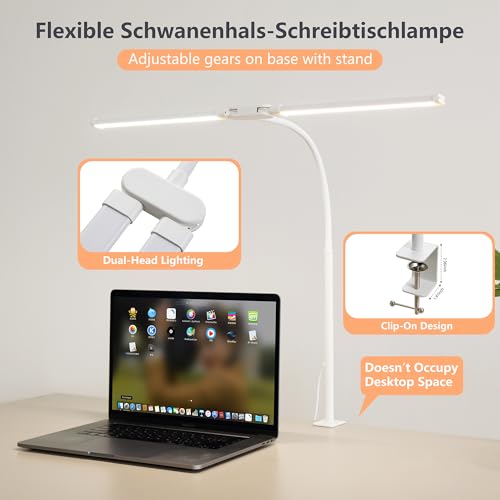 Dual-Head LED Desk Lamp for Office Home, Adjustable Flexible Eye-Caring Desk Light, 5 Modes 10 Brightness Adjustment, USB Adapter Desk Lamp with Clamp-ST-W - style: Double Head White