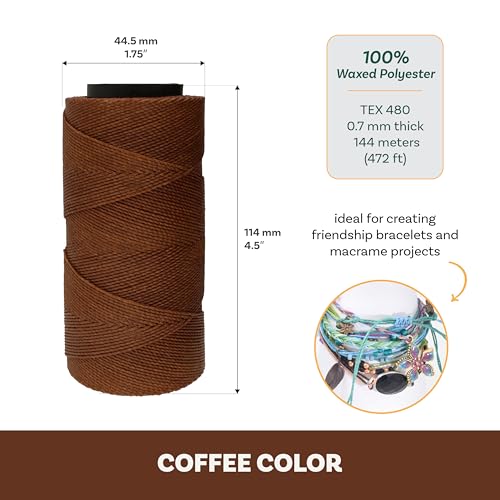 The Beadsmith Knot It Waxed Polyester Cord – Coffee Color – 0.7mm Diameter – Light Wax, 144 Meters (472 Feet) Per Spool – Make Jewelry, Macrame, Friendship Bracelets and DIY Crafts - color: Coffee