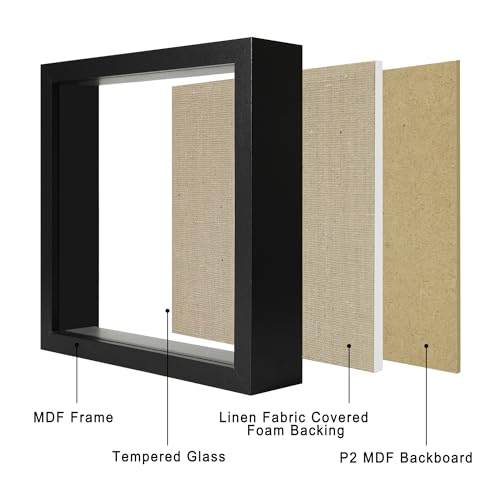 8x8 Shadow Box Picture Frame Display Case with Soft Linen Back, Black Wooden Memory Shadow Box Frame with Tempered Glass Cover for Wall or Tabletop Display - color: Black, size: 8x8