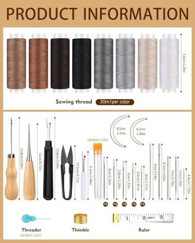 BAGERLA Upholstery Repair Kit, 50 Pcs Heavy Duty Sewing Kit with 8 Colors Thread 32 Pcs Upholstery Needles, Sewing Awls for Hand Stitching Car Sofa Shoe Backpack Craft DIY - color: 8 colors with storage bag