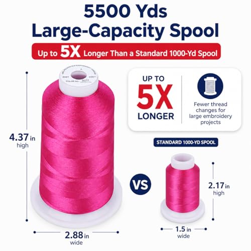 Simthread 5500Yds Embroidery Thread 5000M, 40WT 100% Polyester Machine Embroidery Thread, High-Yardage Spool for Brother, Singer, Janome, Babylock, Husqvarna Machines, Fuchsia S077 - color: Fuchsia S077