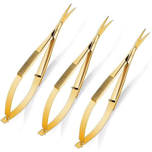 Lasnten 3 Pack Curved Stainless Steel Spring Squeeze Embroidery Scissors Eyebow Grooming Trimming Scissors Thread Snips Clippers Also for Applique, Fabric, Knitting, Sewing, Arts & Craft(Gold) - color: Gold