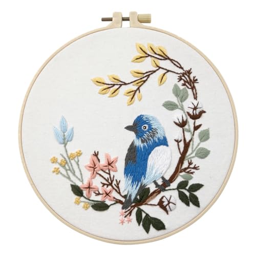 Meecaa Bird Bluebird Flower Embroidery Kit Starter Set, Hand Embroidery Set,Pattern Printed Cross Stitch Set for Beginner Adults, with Embroidery Hoop and Instructions (Bluebird) - color: Bluebird