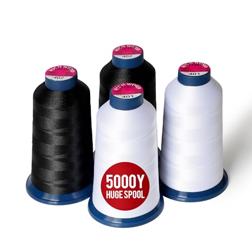 BAI Embroidery Machine Thread, 4 Spools (2 White + 2 Black) Polyester Embroidery Thread, 5000 Yards Each, 40WT High-Speed Thread for Commercial Multi-Needle Machines, Hats, Logos & Bulk Production - color: 2White +2 Balck