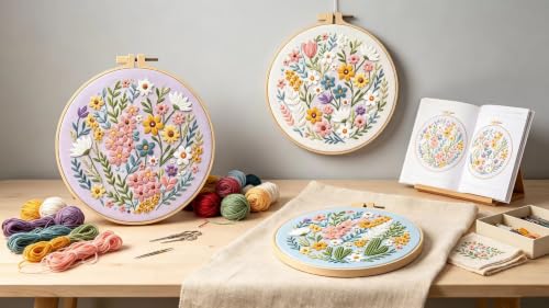 Konrisa Blossoms Embroidery Kit for Adults Beginners, Floral Stamped Embroidery Starter Kit DIY Sewing Practice, Needlepoint Cross Stitch Set of 3 - color: flowers03