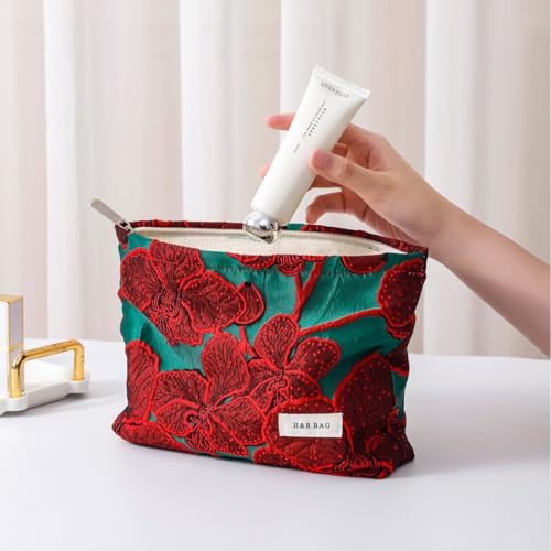 Elegant Red Floral Jacquard Cosmetic Bag Travel Makeup Pouch Organizer - color: Elegant Red Flower