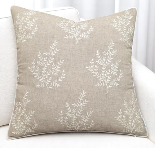 VAGMINE Embroidered Fern Leaf 18x18 Throw Pillow Cover, Natural - color: Natural-leaves, size: 18" x 18" (Pack of 1)