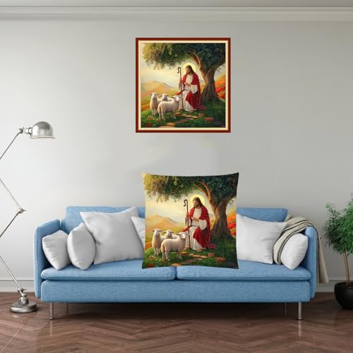 Fanxvivy Stamped Cross Stitch Kits for Adults Beginners Pillow Needlepoint Kit with Embroidery Pattern Needlework Kit Prestamped Stitches Kit 11CT Cross Stitching-Jesus Shepherd 18x18 inch - color: Pre-pattern 39
