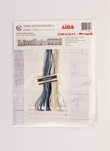 Thea Gouverneur - Counted Cross Stitch Kit - Delft Blue Houses - Aida - 18 Count - Embroidery Kit for Adults - DMC Embroidery Threads and Other Cross Stitch Supplies Included - 552A - color: Delft Blue Houses, size: 10.6 x 4.3 inches