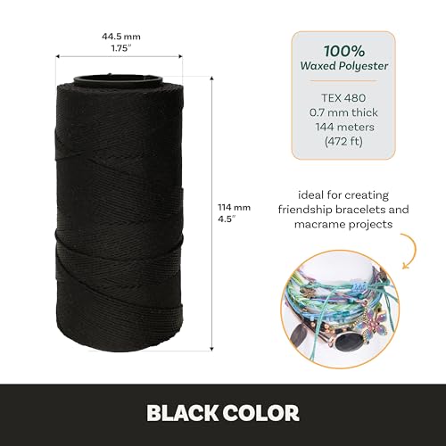 The Beadsmith Knot It Waxed Polyester Cord – Black Color – 0.7mm Diameter – Light Wax, 144 Meters (472 Feet) Per Spool – Make Jewelry, Macrame, Friendship Bracelets and DIY Crafts - color: Black