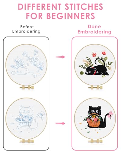 TINDTOP 2 Pack Embroidery Kit for Adult Beginners, Embroidery DIY Starter Kit, with Black Cat and Flowers Stamped Patterns, Hoop, Tools, Colorful Threads with Needles, Instructions - color: Black Cat