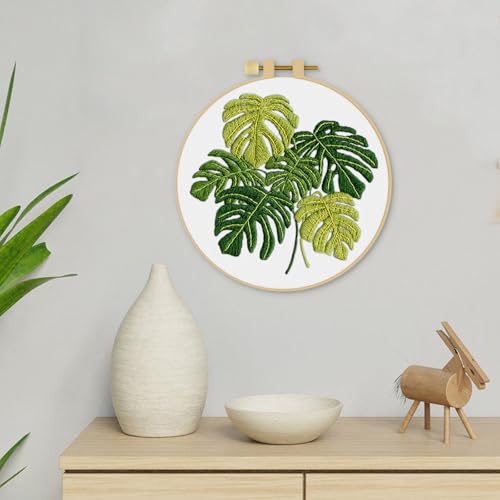 ERKOON Embroidery Kit for Beginners Adult, Cross Stitch Set Include Embroidery Cloth Hoop Threads for Craft Lover Hand Stitch with Embroidery Skill Techniques (Leaf) - color: Leaf