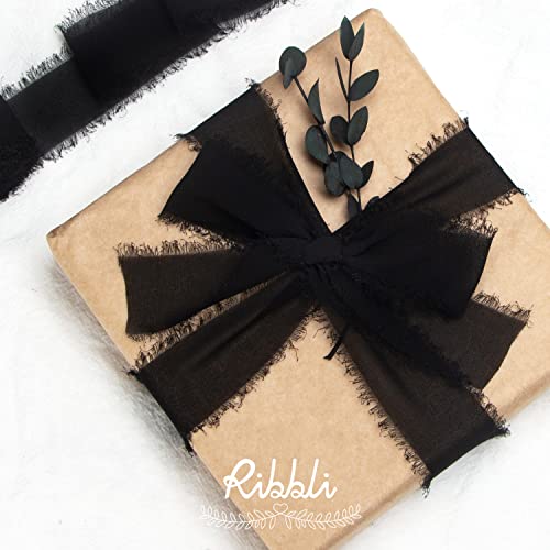 Ribbli Black Chiffon Ribbon - 1.5 inch x 30 Yard Handmade Silk, Fringe Chiffon for Wedding Invitations, Gift Wrapping, Bridal Bouquets, Flower Arrangement - color: Black