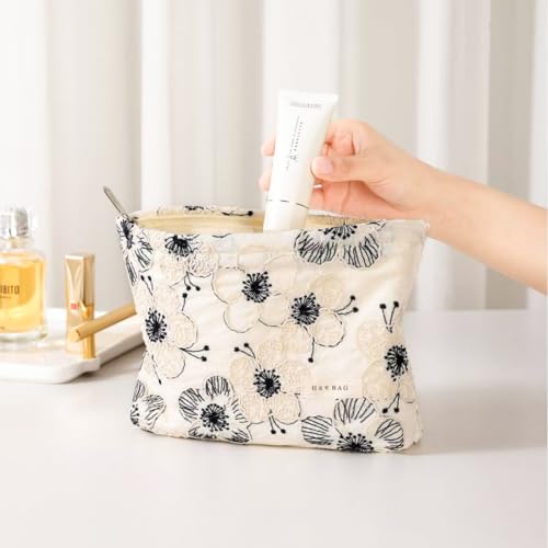 Embroidery Craft Makeup Bag with Zipper Floral Makeup Pouch 10×7 Inch - color: White and Black Flower