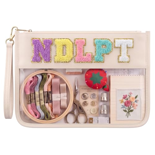 Klyyo Clyro Needlepoint Project Bag Clear Embroidery Sewing Bag Sewing Craft Organizer Storage Chenille Letter Zipper Pouch for Quilting Embroidery Knitting Stitching Cross Stitch Crochet(Cream) - color: Cream