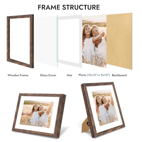 Hongkee 10x12 Picture Frame with Real Glass Wood Frame, 1 Pack (Mat 8x10) - color: Rustic Brown, size: 10X12 in
