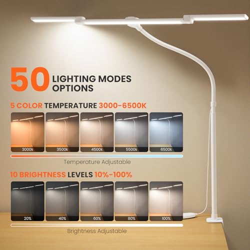 LED Desk Lamp for Office Home, 3 Light Bar Adjustable Desk Light with Clamp - color: White