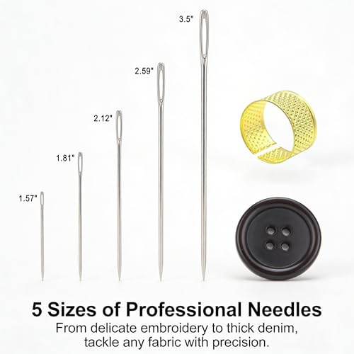 37 Pcs Stainless Steel Hand Sewing Needles Kit – Big Eye Easy-Threading Needles with Thread Ripper, Needle Threaders, Threads & Thimbles for DIY Craft