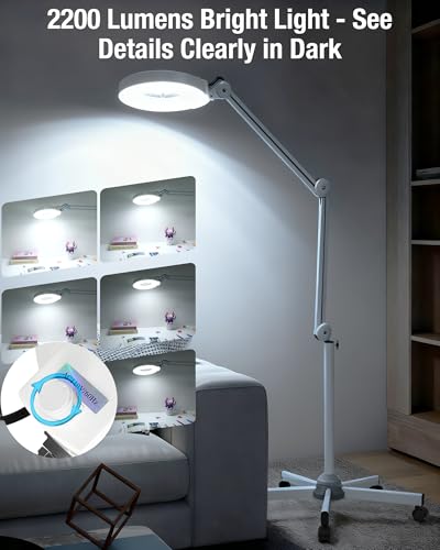 15X Super Bright 2,200 Lumens Magnifying Glass with Light and Stand, Floor Lamp with 5 Wheels Rolling Base for Lash Estheticians, Stepless Dimmable, LED Lighted Magnifier for Sewing Crafts - White - color: White