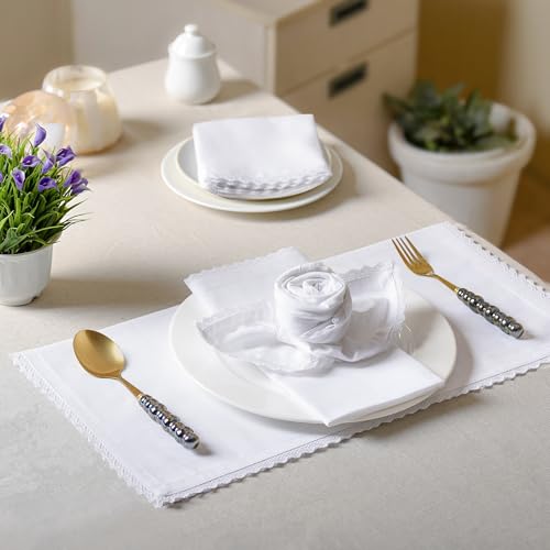 FINGERCRAFT Lace Cloth Napkins, 100% Cotton, 12 Pack, 20x20 Inch, White - color: White, size: 20" x 20" (Set of 12)