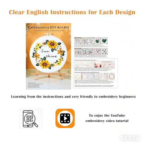 Vigdit 4 Pack Embroidery Kit for Beginners, Needlepoint Cross Stitch Kit for Adult Beginner, Easy DIY Hand Embroidery Starter Kit with Stamped Floral Pattern Embroidery Hoop Tools and Instruction