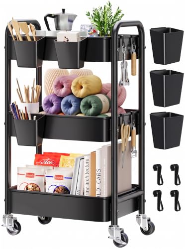 3 Tier Rolling Cart Metal with Wheels,Black Three Tiered Art Cart Organizer - color: Matte Black, size: 3 Tier + Cups + Hooks
