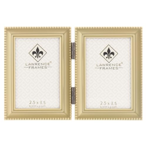 Lawrence 11423D Brushed Brass Hinged Double 2.5x3.5 Picture Frame-Beaded Edge Design - color: Satin Gold, size: 2.5x3.5 Double