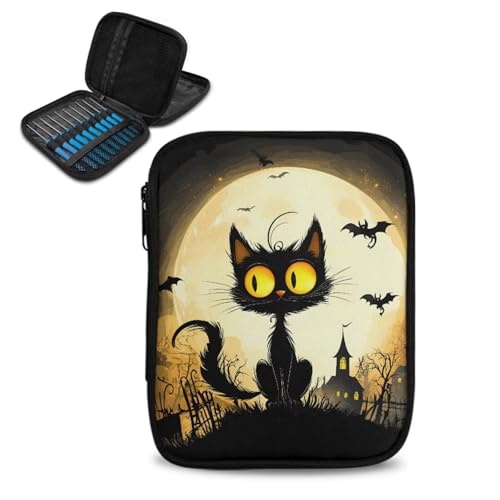 Kathyboom Crochet Hook Case Without Hooks,Halloween Black Cat Bat Castle Zipper Storage Organizer Bag with Web Pockets for Crochet Hook Kit Tools - color: Halloween Black Cat Bat Castle-