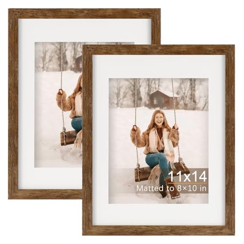 TOFOREVO 11x14 Picture Frames with 8x10 Mat Set of 2, Rustic Brown - color: Rustic Wood, size: 11x14
