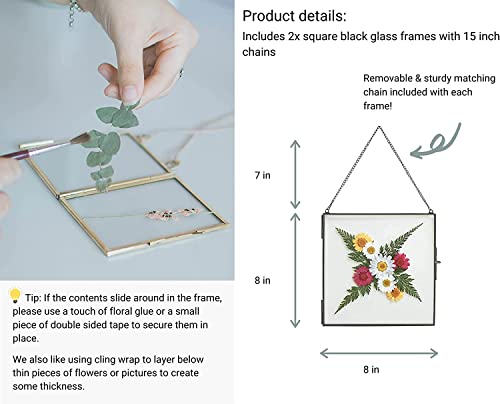 Glass Frame for Pressed Flowers, Leaf and Artwork - 8x8 Black Hanging Square Metal Picture Frames, Clear Double Glass Floating Frame, Wall Decor Photo Display, Set of 2 Flower Press Frames with Chain - color: Gunmetal black, size: 8x8