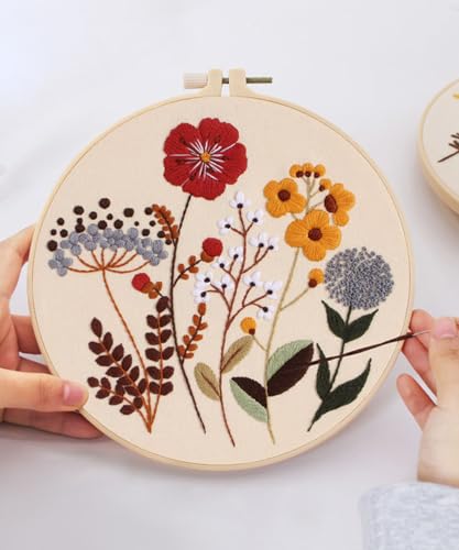 ELTONGUU 3 Sets Embroidery Kit for Beginners Adult Needlepoint Kits Tools - color: 3 Flowers