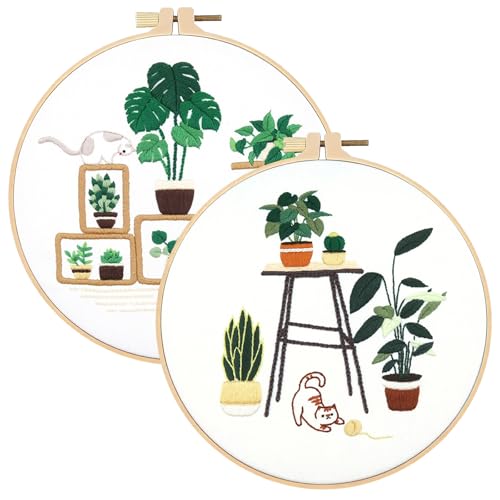 spicssa 2 PCS Embroidery Kit for Beginners, Hand Needlepoint Kits for Adults with Pre-Stamped Patterns, 7.8-Inch Hoop, Threads & Needles, Step by Step Instructions - color: green plants A