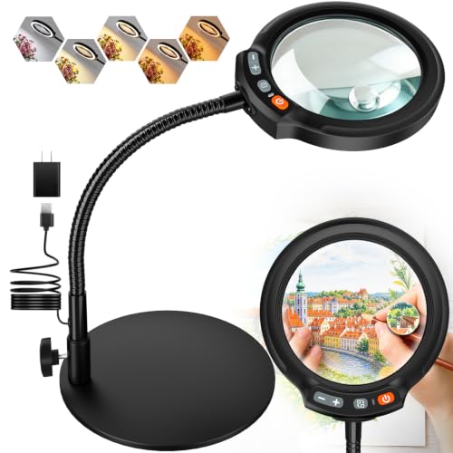30X 10X Large Magnifying Glass with Light and Stand, 5-Inch Optical Grade HD Lens, 5 Color Modes Stepless Dimmable LED Desk Lamp, Hands Free Gooseneck Lighted Magnifier for Craft Painting Close Work - color: Black