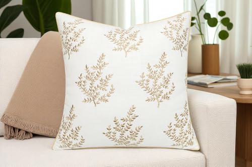 VAGMINE Embroidered Fern Leaf 18x18 Throw Pillow Cover, Ivory - color: Ivory-leaves, size: 18" x 18" (Pack of 1)