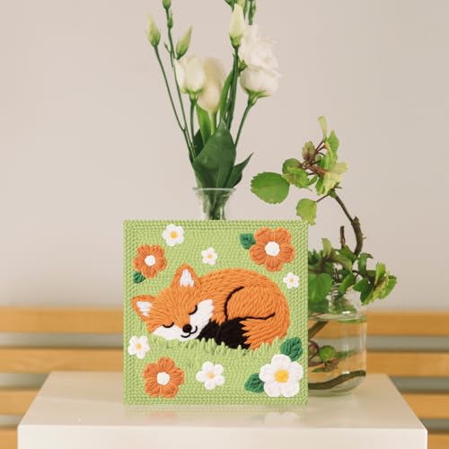 Doodlream Sleeping Fox DIY Punch Needle Embroidery Kit for Adult Beginner, 9.4" Cute Fox Punch Stitching Craft Set for Starter with Frame, Fabric Pattern, Threader, Yarn, Pinch Needle - color: Sleeping Fox