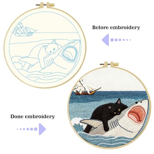 Black Cat Riding a Shark and a Sailboat Stamped Pattern Embroidery Kit for Beginners Adults Includes Cloth,Hoop,Color Threads,Needles and Instruction,Lover Hand Stitch with Embroidery Skill Techniques