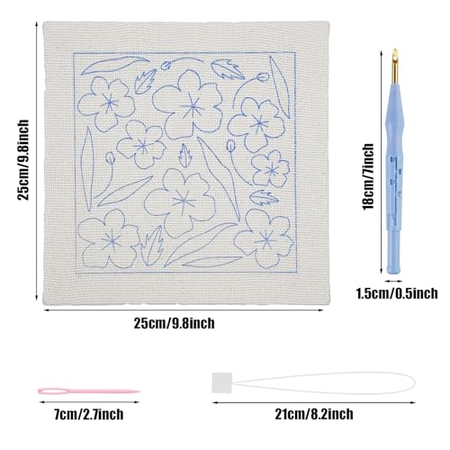Allazone Punch Needle Embroidery Kit Frame - Square Fabric with Flower Pattern, Hoop, Yarns, Punch Needle (Pink and White) - color: Pink and White