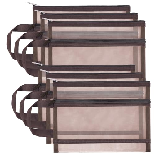 6 Pack Mesh Zipper Pouch Bags, Double Layer Nylon Pouch with Handle for Office Travel Organization (Coffee, A4) - color: Coffee, size: A4