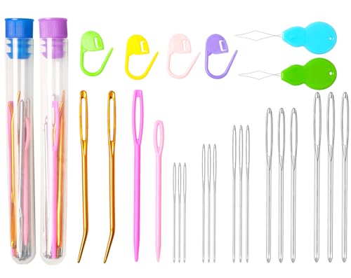 Hekisn 45Pcs Large Eye Blunt Yarn Needles kit, Assorted Sizes Bent Tapestry Darning Needle, Sewing Needles with Needle Threaders & Stitch Markers for Knitting Crochet (Purple&Blue) - color: Purple&Blue
