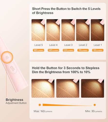 Gritin Book Light, Eye Caring 4-Color&5-Brightness Neck Light Reading Light - color: Pink, size: Upgraded
