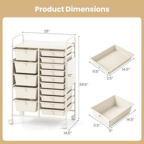 Giantex 15 Drawer Storage Cart, Rolling Craft Cart with Metal Tabletop & Pegboard, Mobile Utility Organizer Trolley with Locking Wheels, Home Office, Classroom, Teacher Supplies, Ivory - color: Ivory, size: 15 Drawer-25"x14.5"x34.5"