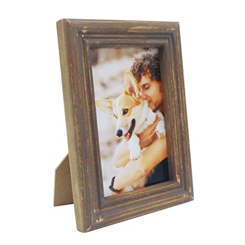 CVHOMEDECO. 4x6 Picture Frame Made of Solid Wood High Definition Glass Rustic Antique Designs Small Photo Frame for Tabletop Display and Wall Mounting, Distress Brown - color: Distress Brown B, size: 4" X 6"