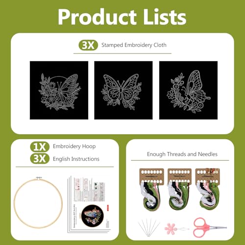 Santune Embroidery Kit Needlepoint Cross Stitch Kits for Beginners Adult Needle Point Sets with Butterfly Embroidery Patterns, Includes Step-By-Step Instructions and Accessories - color: Butterfly & Flower Series