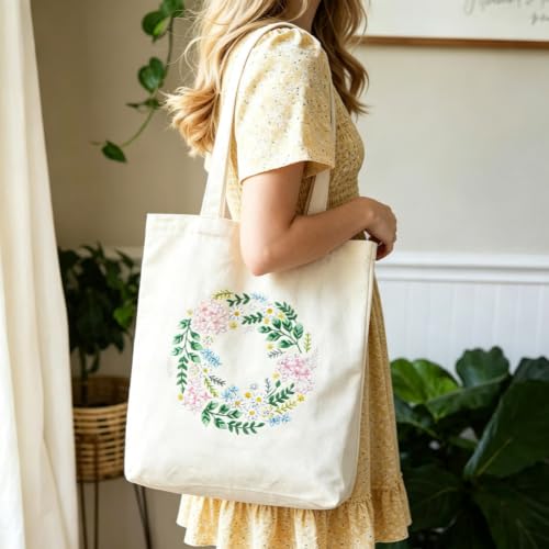 KABAKE Canvas Tote Bag Embroidery Kit, Embroidery Kits for Beginners, Arts and DIY Crafts Embroidery Starter kit, Include Stamped Embroidery Bag, Threads, Embroidery Tools (Beige Bag with Dragonfly) - color: Beige Bag with Dragonfly