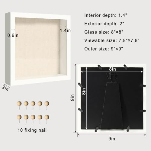8x8 Shadow Box Picture Frame Display Case with Soft Linen Back, White Wooden Memory Shadow Box Frame with Tempered Glass Cover for Wall or Tabletop Display - color: White, size: 8x8
